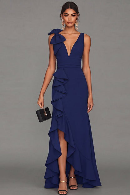 Callista Formal Dress with V Neck and Ruffled Skirt