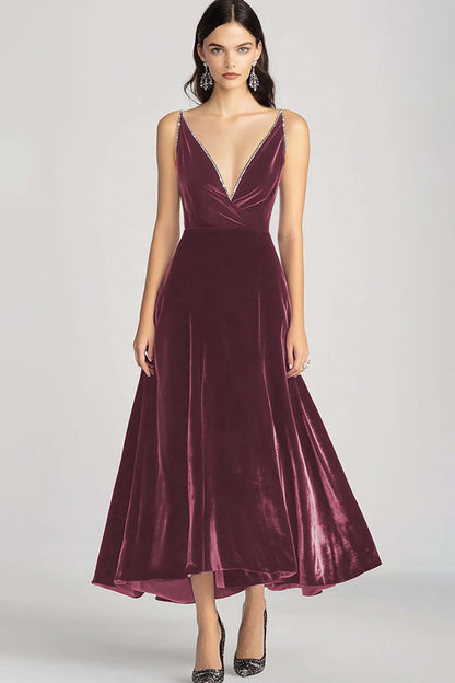 Dorothea Velvet Dress with V Neck and Full Midi Skirt