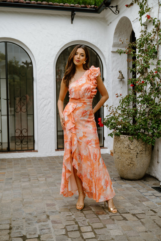 Kirsten Pink Asymmetrical Ruffle Maxi Dress
