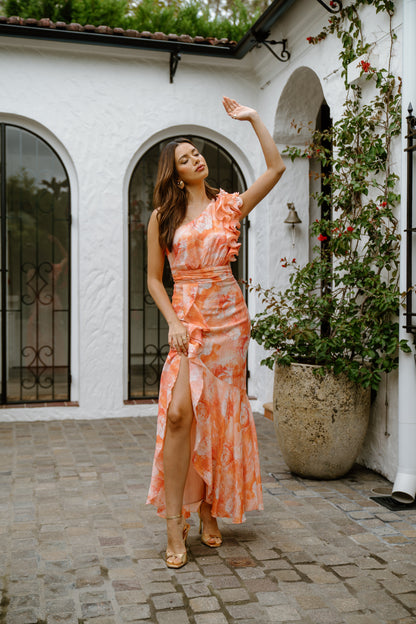 Kirsten Pink Asymmetrical Ruffle Maxi Dress