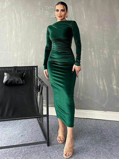 Mireille Velvet Dress with Boat Neck and Ruched Waist