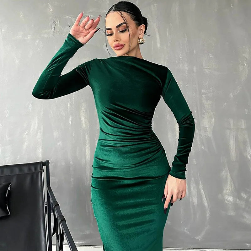 Mireille Velvet Dress with Boat Neck and Ruched Waist