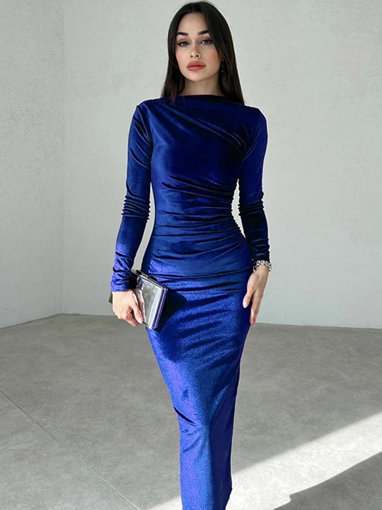 Mireille Velvet Dress with Boat Neck and Ruched Waist