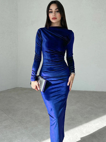 Mireille Velvet Dress with Boat Neck and Ruched Waist