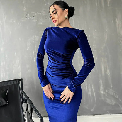 Mireille Velvet Dress with Boat Neck and Ruched Waist