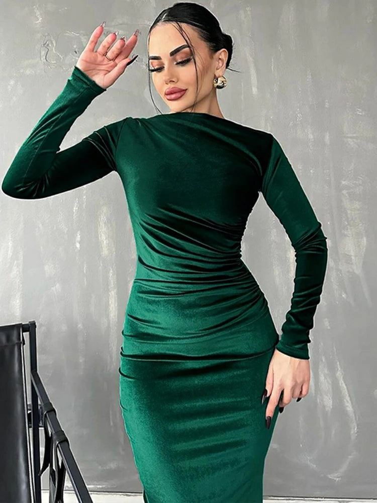 Mireille Velvet Dress with Boat Neck and Ruched Waist