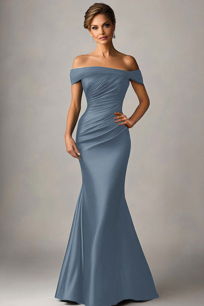 Florentine Formal Dress with Off Shoulder Neck and Ruched Satin