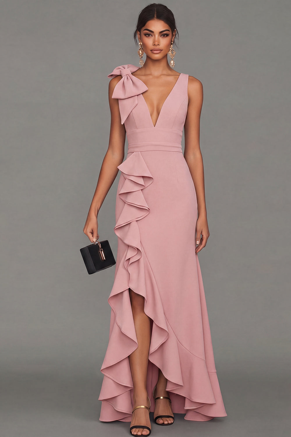 Callista Formal Dress with V Neck and Ruffled Skirt