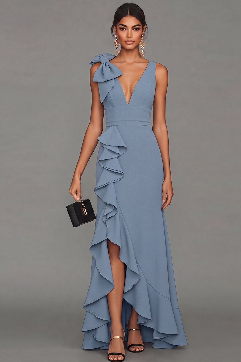 Callista Formal Dress with V Neck and Ruffled Skirt