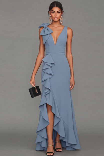 Callista Formal Dress with V Neck and Ruffled Skirt