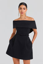 Teagan Black Dress with Off Shoulder Neck and A-Line Skirt