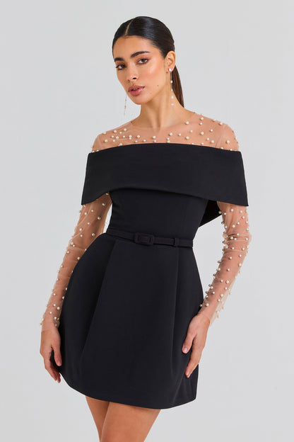 Teagan Black Dress with Off Shoulder Neck and A-Line Skirt