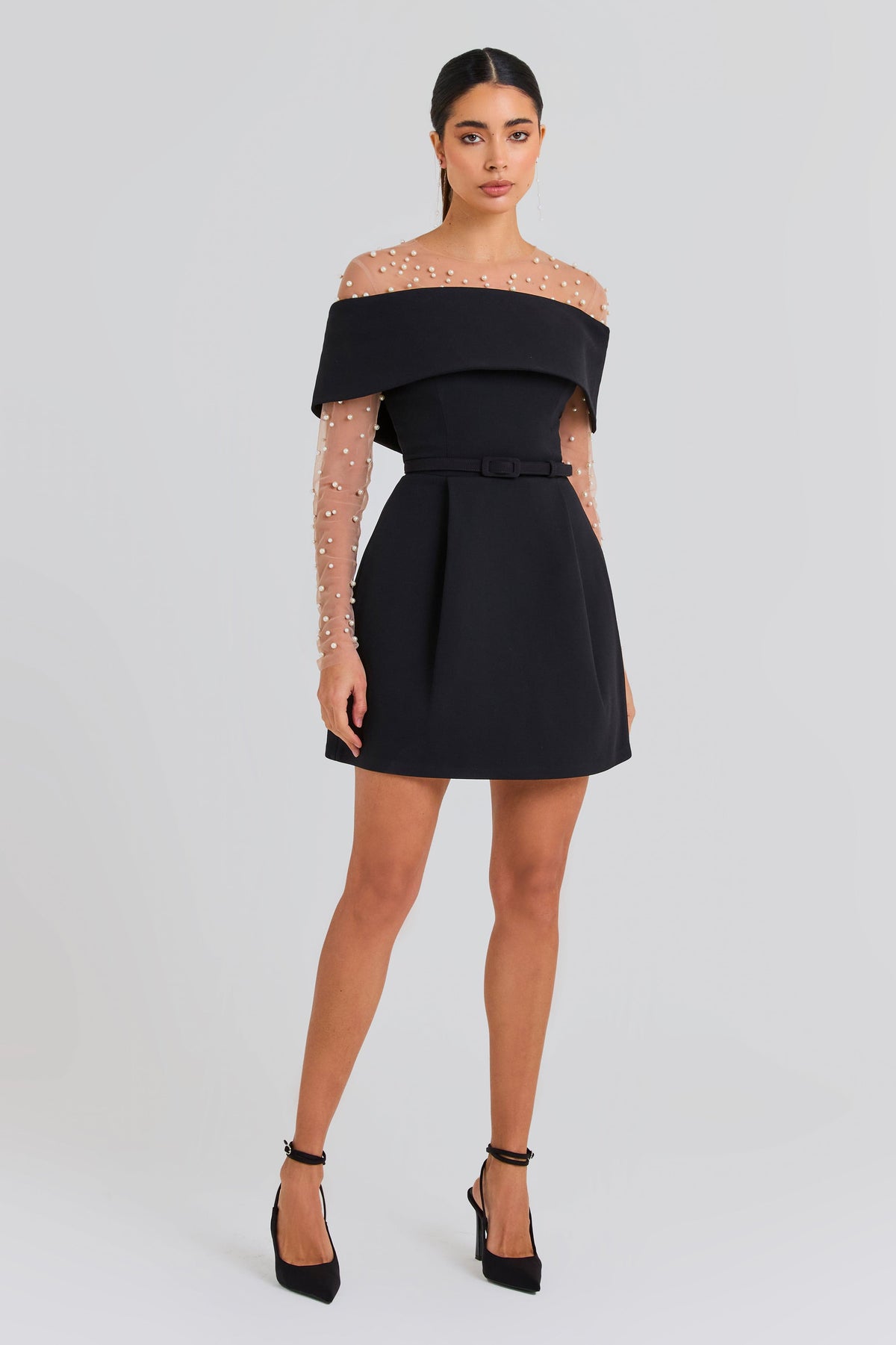 Teagan Black Dress with Off Shoulder Neck and A-Line Skirt