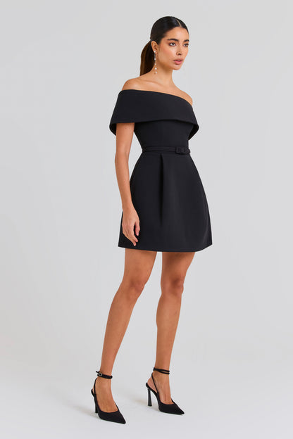 Teagan Black Dress with Off Shoulder Neck and A-Line Skirt