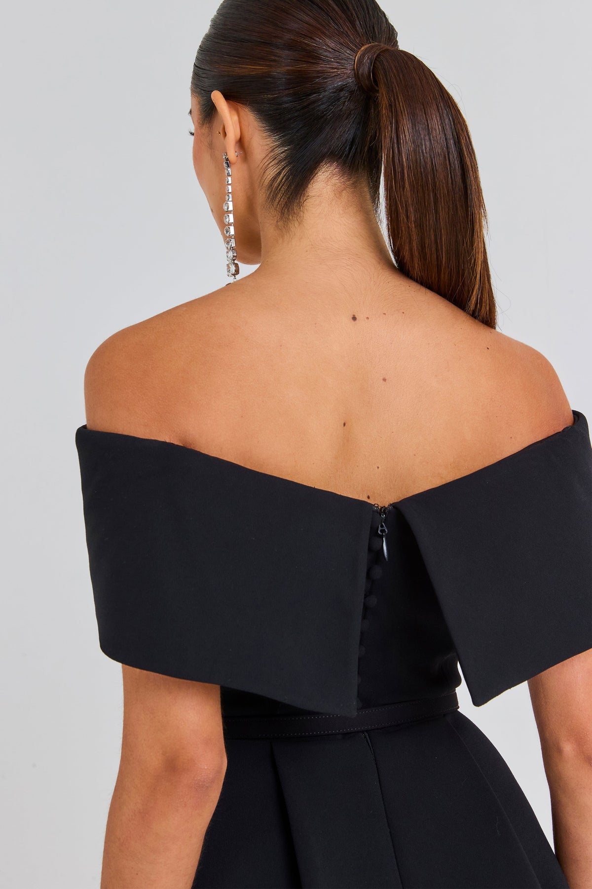 Teagan Black Dress with Off Shoulder Neck and A-Line Skirt