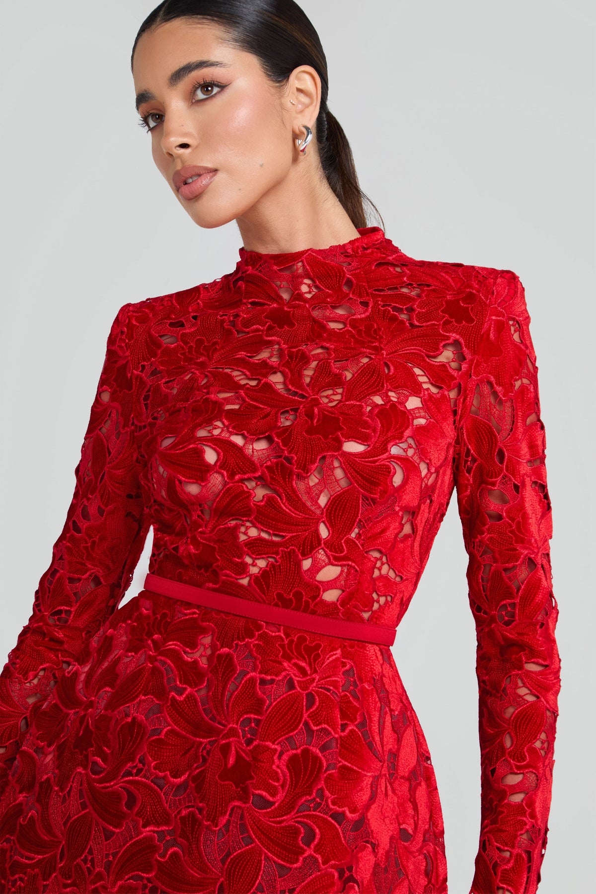 Nerine Red Dress with Lace Overlay and Long Sleeves