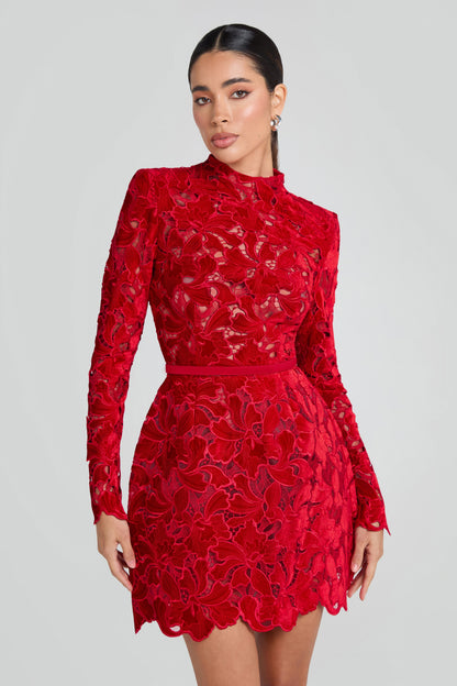 Nerine Red Dress with Lace Overlay and Long Sleeves