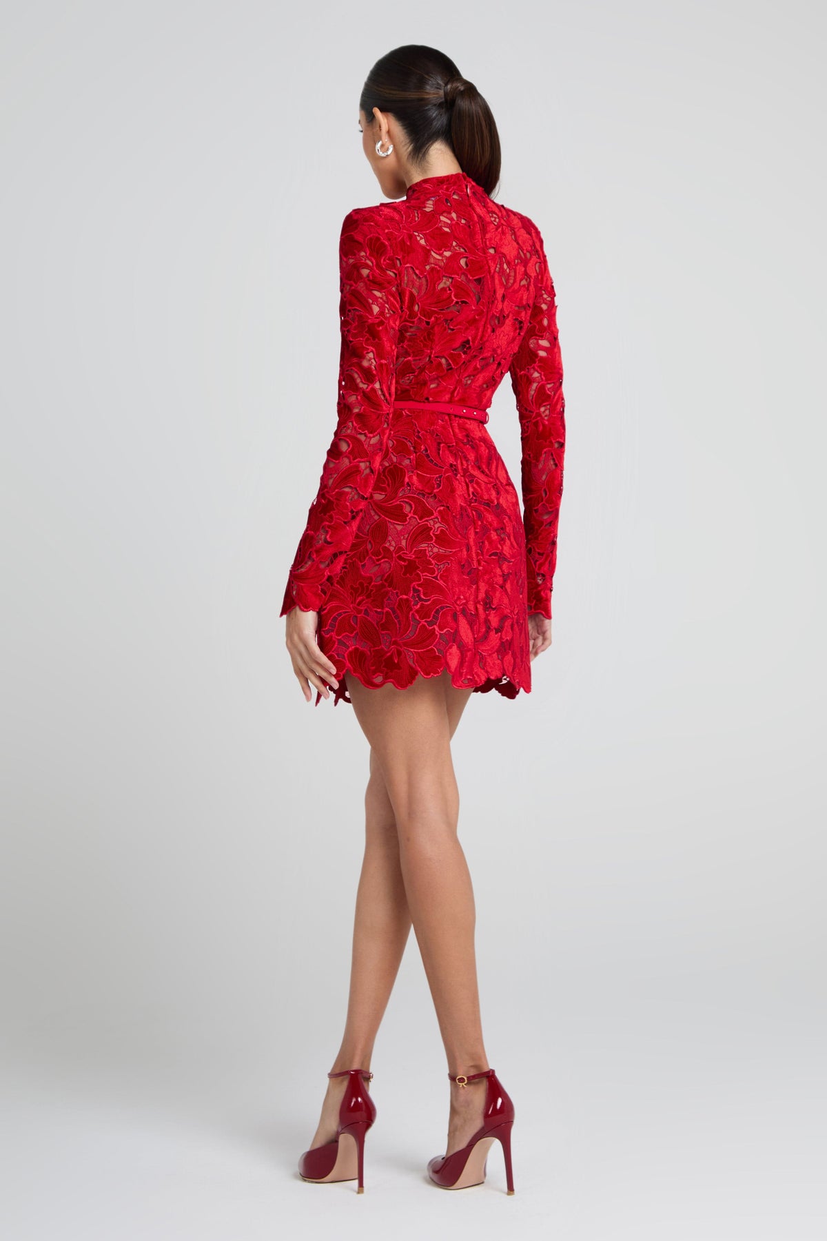 Nerine Red Dress with Lace Overlay and Long Sleeves