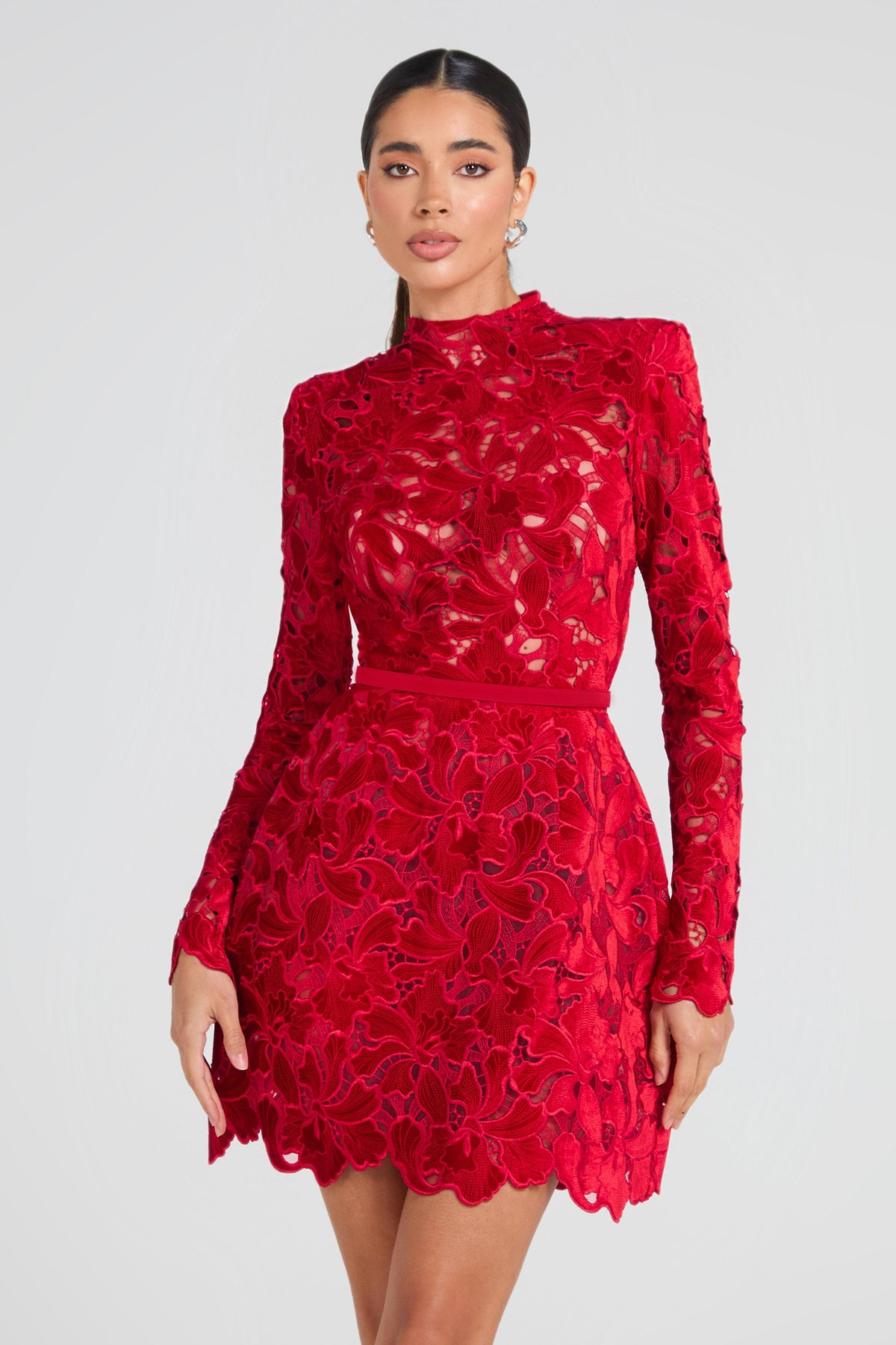 Nerine Red Dress with Lace Overlay and Long Sleeves