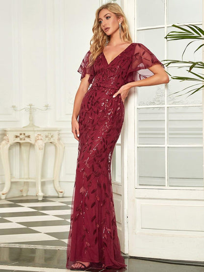 Jemima Sequin Dress with Leaf Pattern and Fishtail Hem