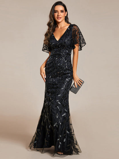 Jemima Sequin Dress with Leaf Pattern and Fishtail Hem