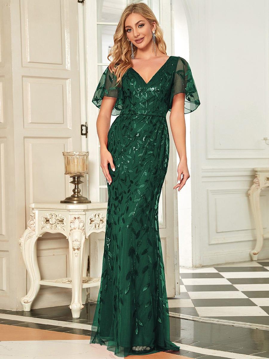 Jemima Sequin Dress with Leaf Pattern and Fishtail Hem