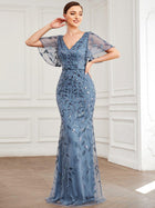Jemima Sequin Dress with Leaf Pattern and Fishtail Hem