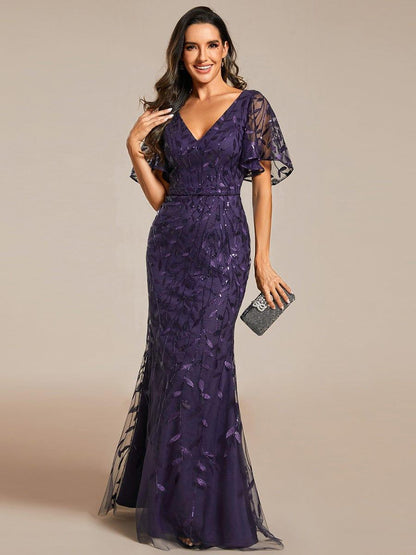 Jemima Sequin Dress with Leaf Pattern and Fishtail Hem