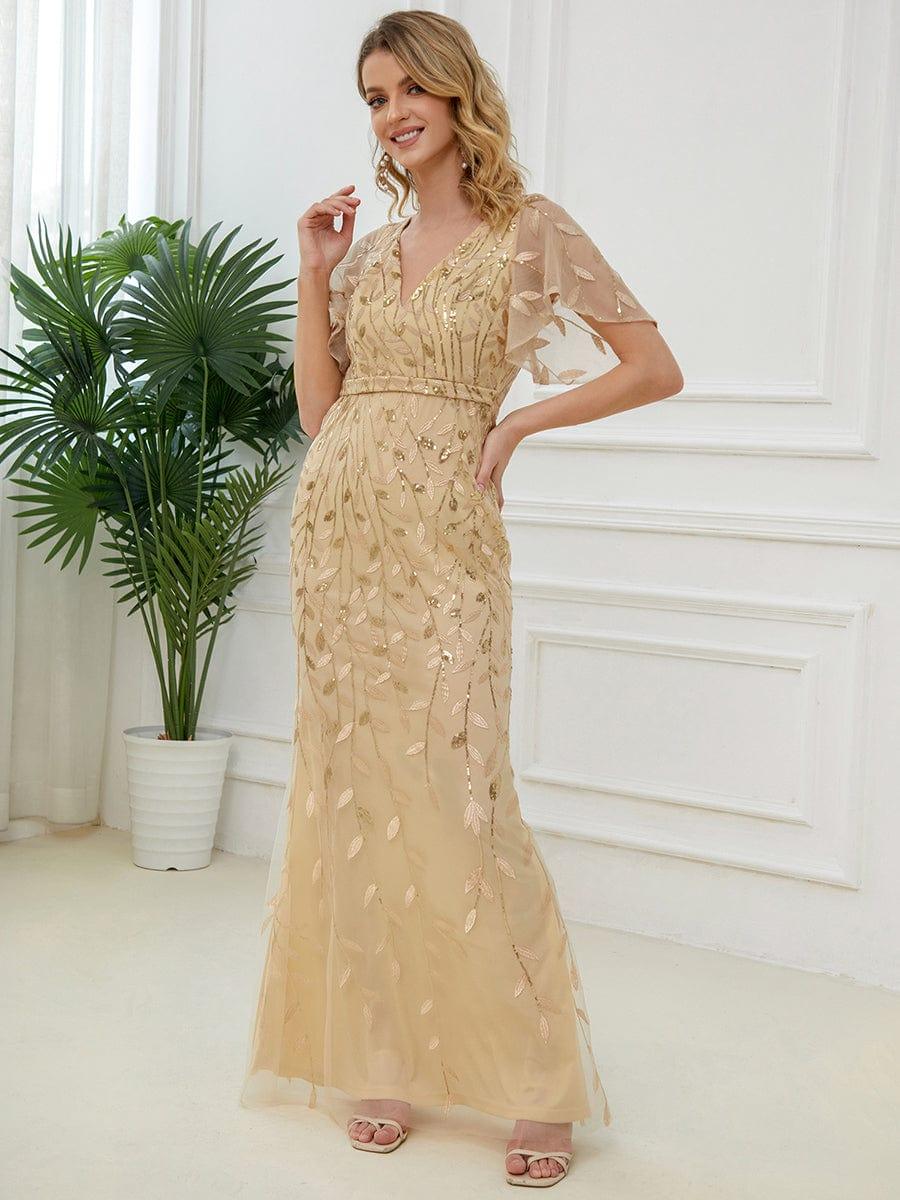 Jemima Sequin Dress with Leaf Pattern and Fishtail Hem