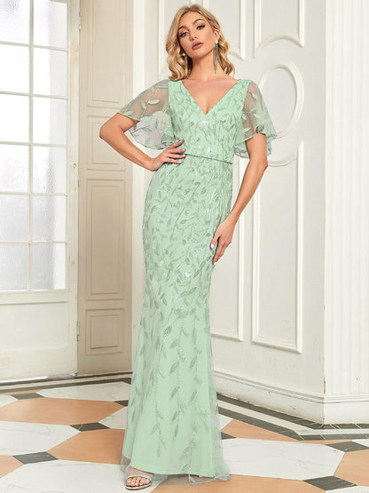 Jemima Sequin Dress with Leaf Pattern and Fishtail Hem