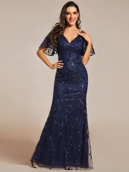 Jemima Sequin Dress with Leaf Pattern and Fishtail Hem