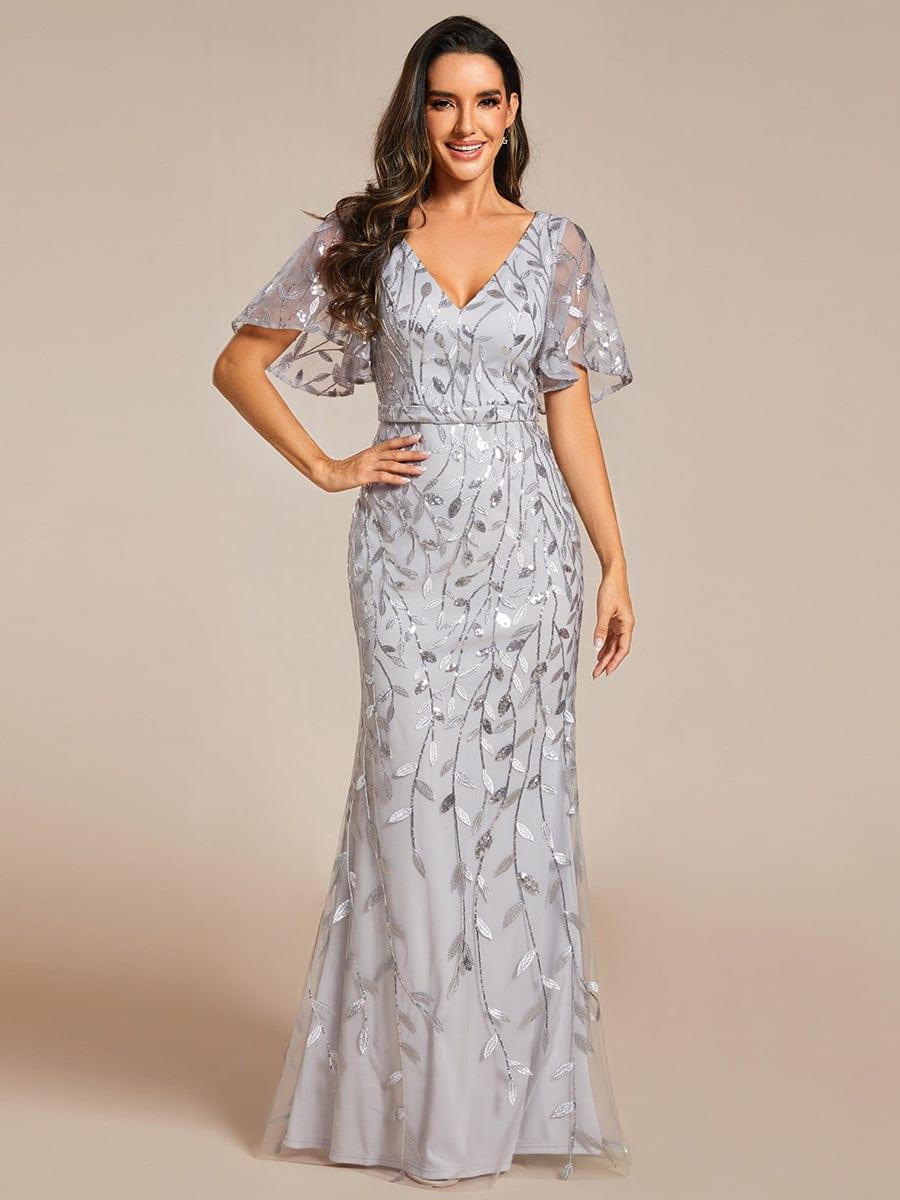 Jemima Sequin Dress with Leaf Pattern and Fishtail Hem