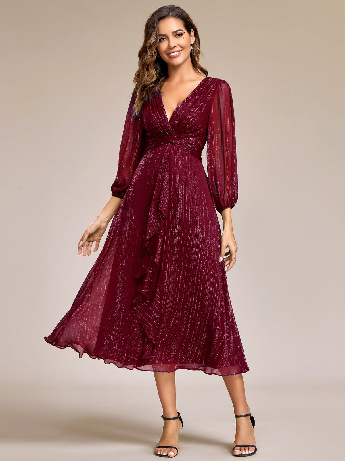 Cressida Long Sleeve Dress with Twist Knot and Flared Skirt
