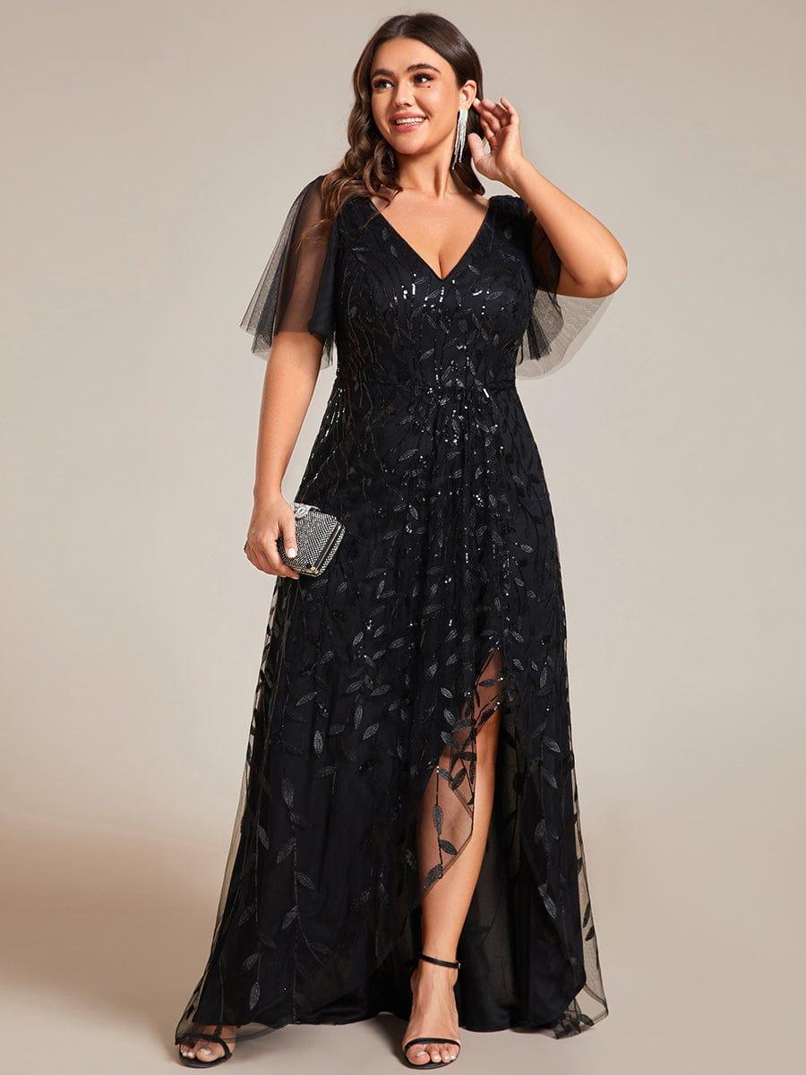 Faustine Sequin Dress with Flutter Sleeves and Front Slit