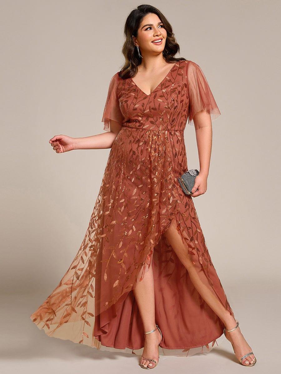 Faustine Sequin Dress with Flutter Sleeves and Front Slit