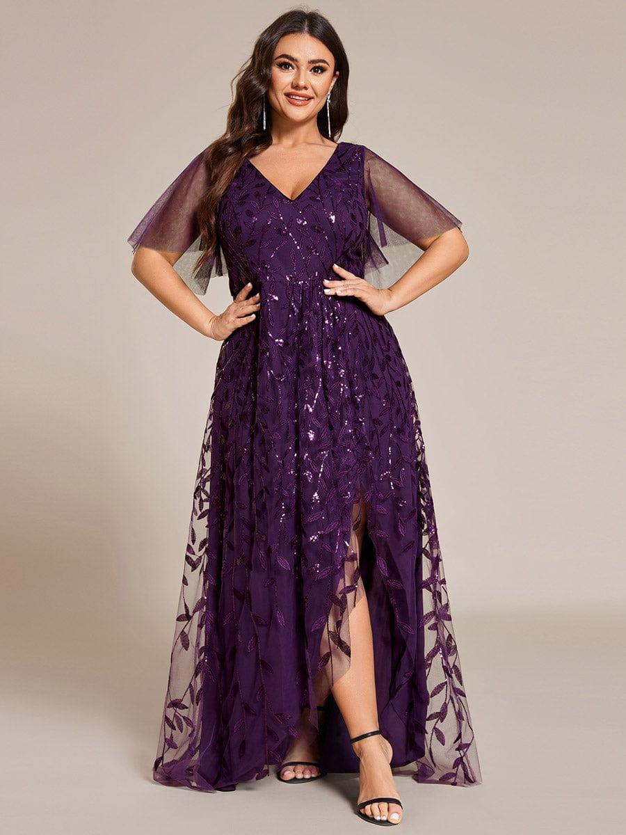 Faustine Sequin Dress with Flutter Sleeves and Front Slit