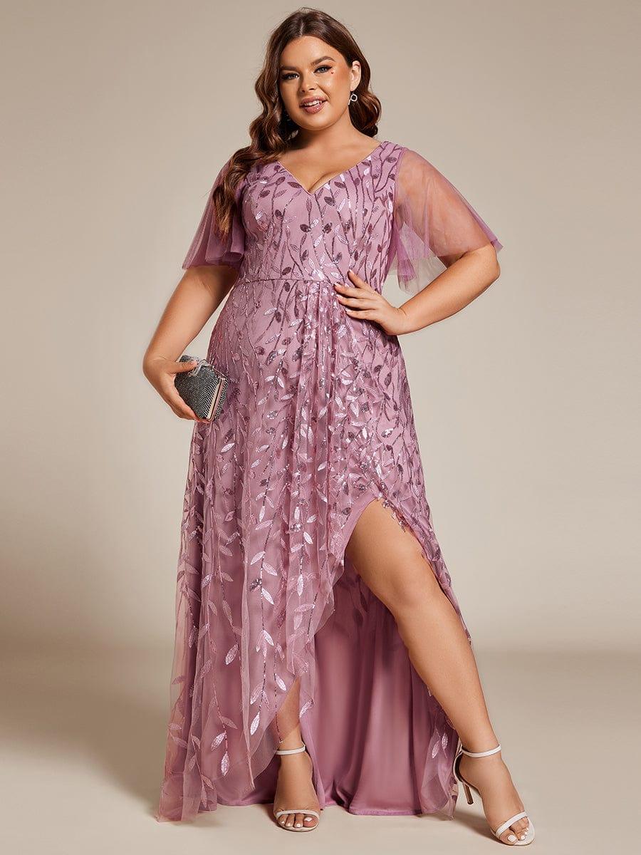 Faustine Sequin Dress with Flutter Sleeves and Front Slit