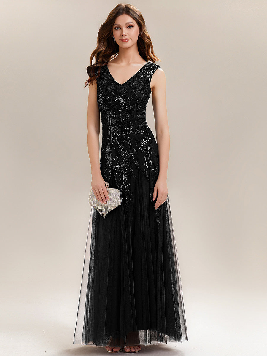 Winifred Sequin Dress with Cap Sleeves and Embroidered Mesh