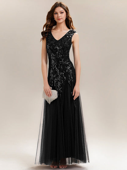 Winifred Sequin Dress with Cap Sleeves and Embroidered Mesh