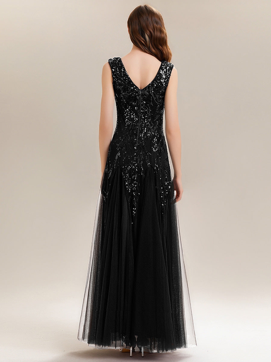 Winifred Sequin Dress with Cap Sleeves and Embroidered Mesh