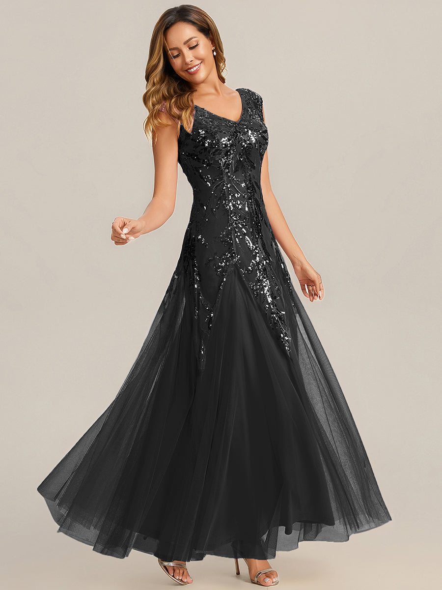 Winifred Sequin Dress with Cap Sleeves and Embroidered Mesh