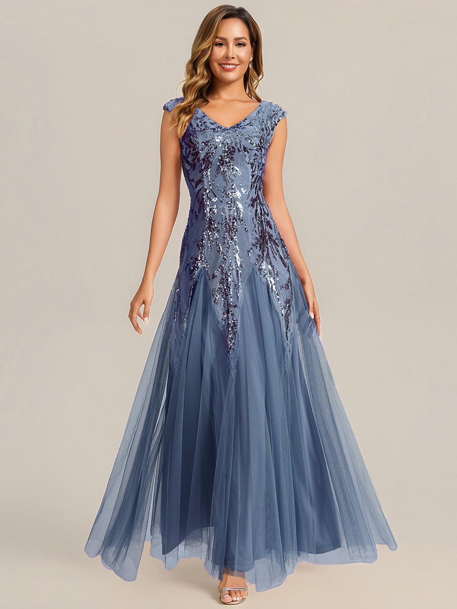 Winifred Sequin Dress with Cap Sleeves and Embroidered Mesh