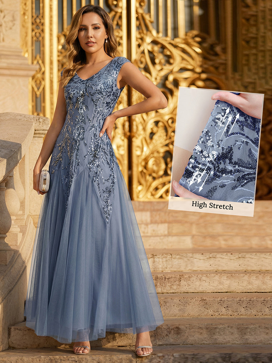 Winifred Sequin Dress with Cap Sleeves and Embroidered Mesh