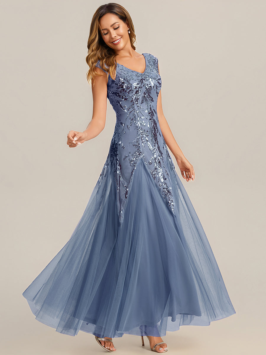 Winifred Sequin Dress with Cap Sleeves and Embroidered Mesh