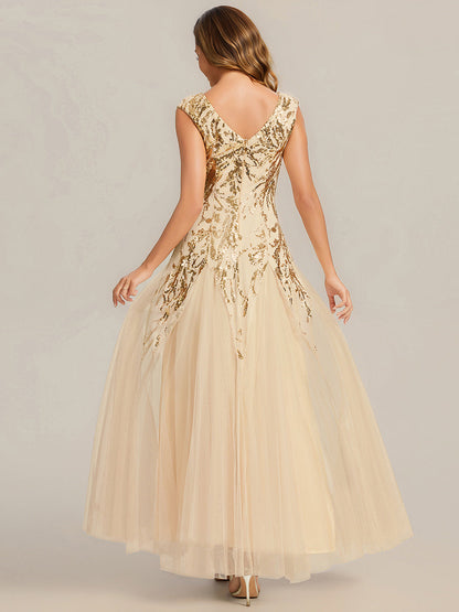 Winifred Sequin Dress with Cap Sleeves and Embroidered Mesh