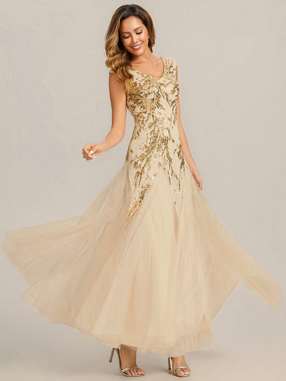 Winifred Sequin Dress with Cap Sleeves and Embroidered Mesh
