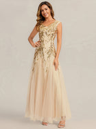 Winifred Sequin Dress with Cap Sleeves and Embroidered Mesh