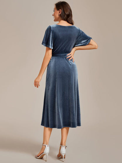 Emmeline Velvet Dress with Wrap Front and Flutter Sleeves