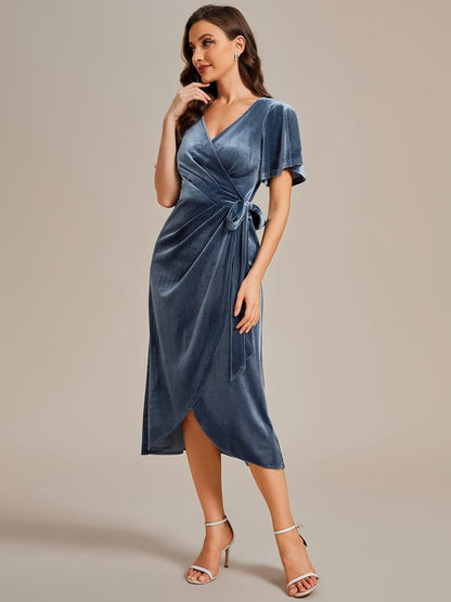 Emmeline Velvet Dress with Wrap Front and Flutter Sleeves