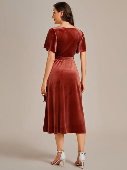 Emmeline Velvet Dress with Wrap Front and Flutter Sleeves